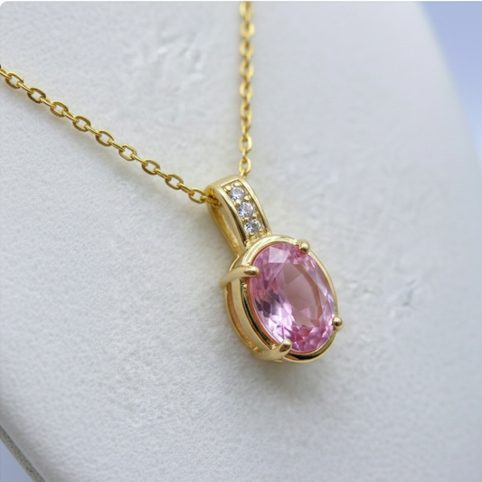 Kristal Pembe Taşlı Kolye