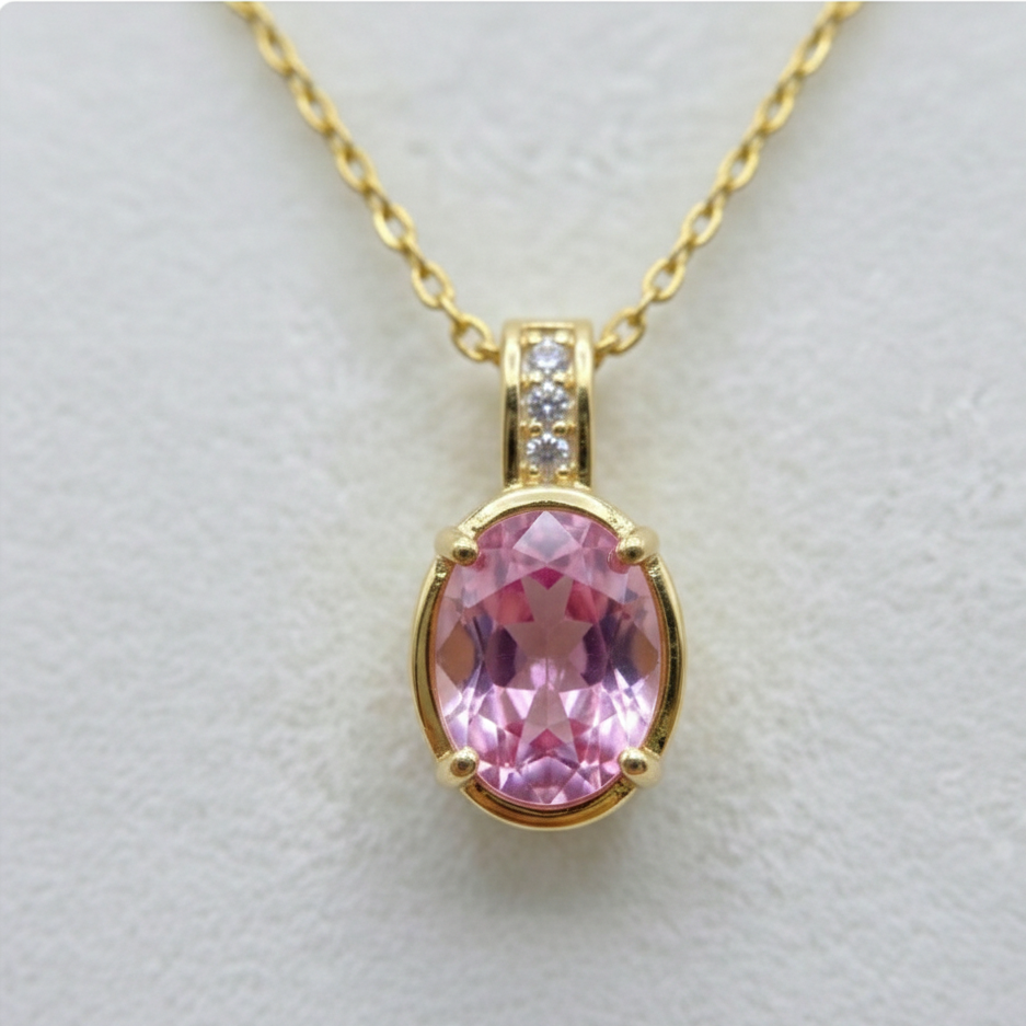 Kristal Pembe Taşlı Kolye